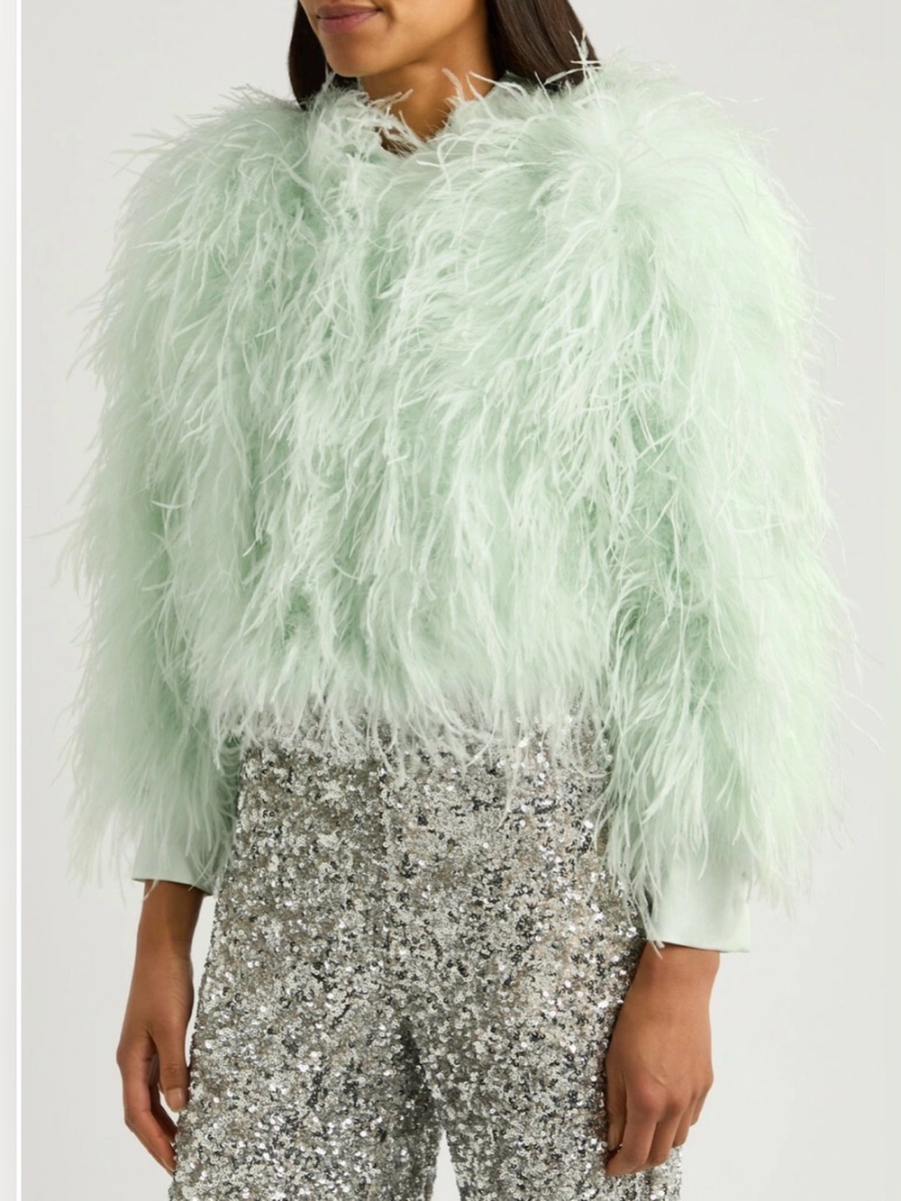 Alice + Olivia Kidman Cropped Feather Jacket Mint